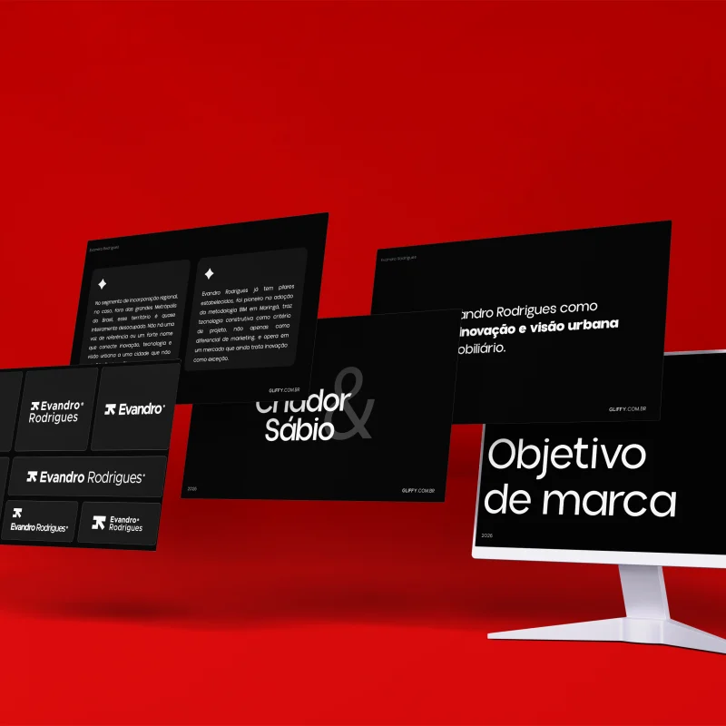Telas de apresentação de pesquisa de marca sobre fundo vermelho, com logotipos, arquétipos e objetivo de marca