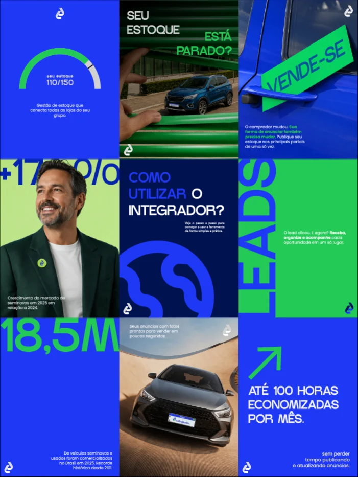 Grade de posts de Instagram em azul e verde para uma marca de tecnologia automotiva