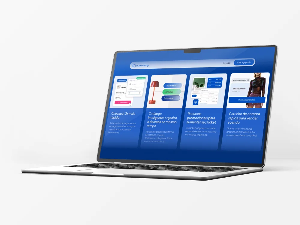 Notebook exibindo uma loja virtual na plataforma Nuvemshop, com checkout, catálogo e carrinho